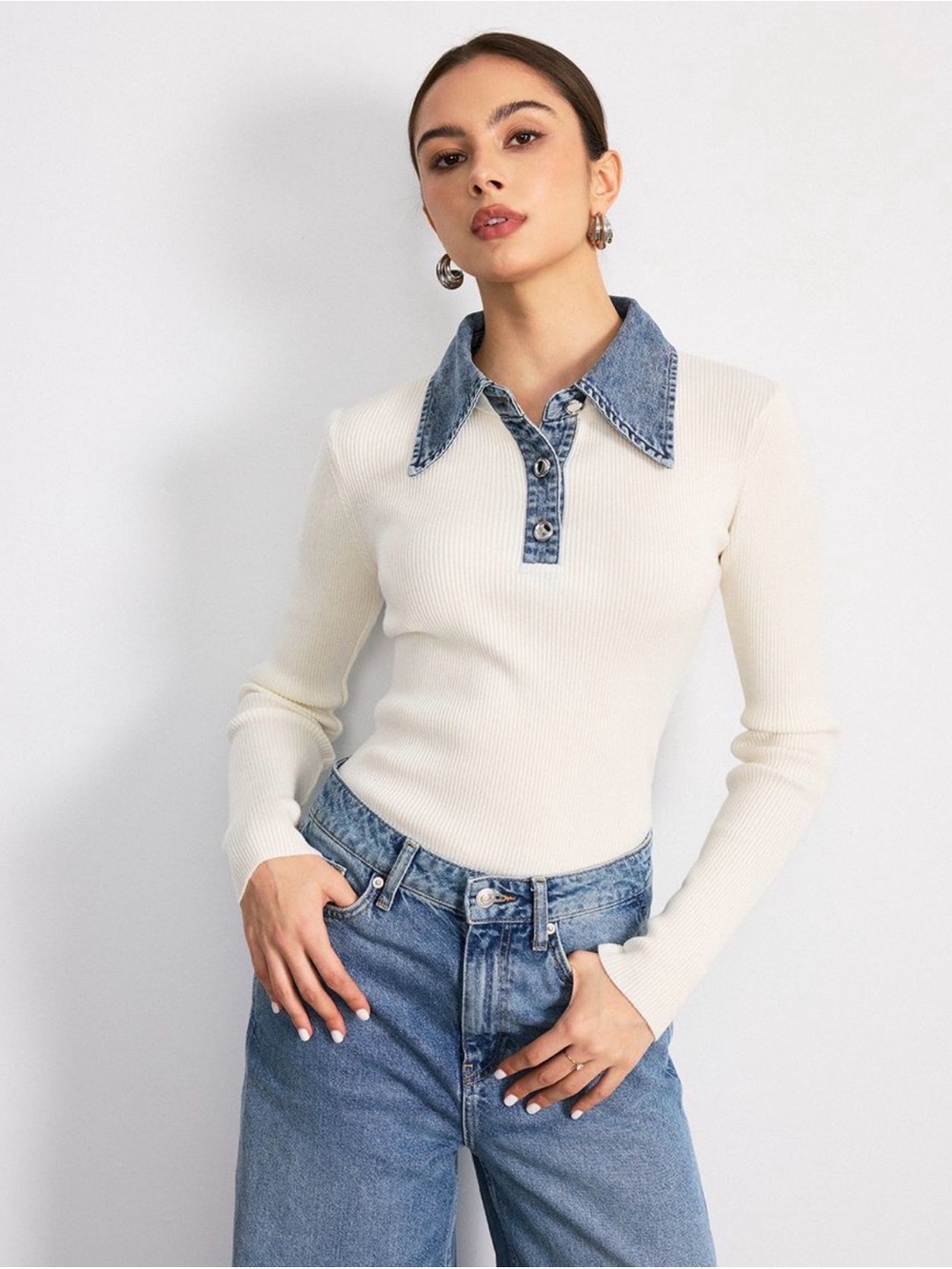 Denim collar wool blend knit top
